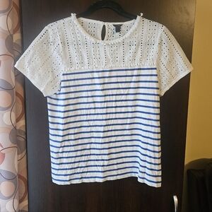 J. Crew White Eyelet and Blue Striped Blouse